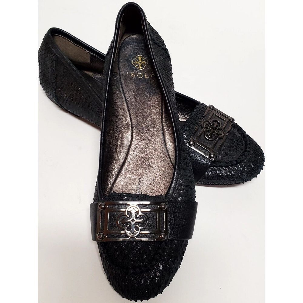 Isola Shoes Brenna Ballet Flats Black Fabric Snakeskin Shine Logo Bit Hardware